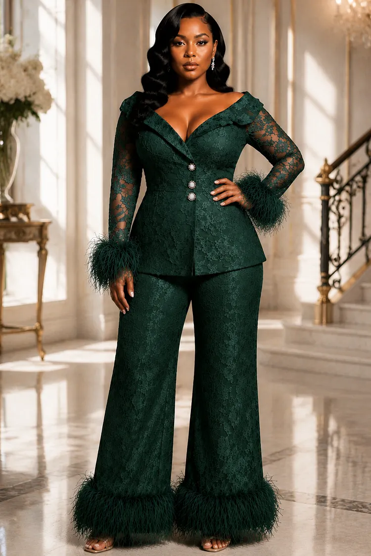 Xpluswear Design Plus Size Formal Emerald Green Off The Shoulder Long Sleeve Feather Pocket Lace Two Piece Pant Suits [Pre-Order] 2024 - Xpluswear