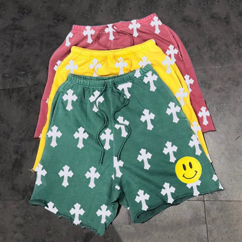 Cross-print casual loose edge sports shorts