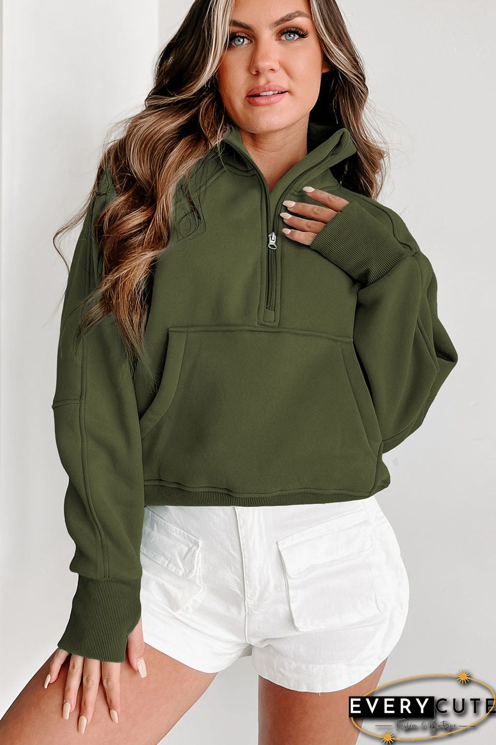 Green Zip Up Stand Collar Ribbed Thumbhole Sleeve Sweatshirt