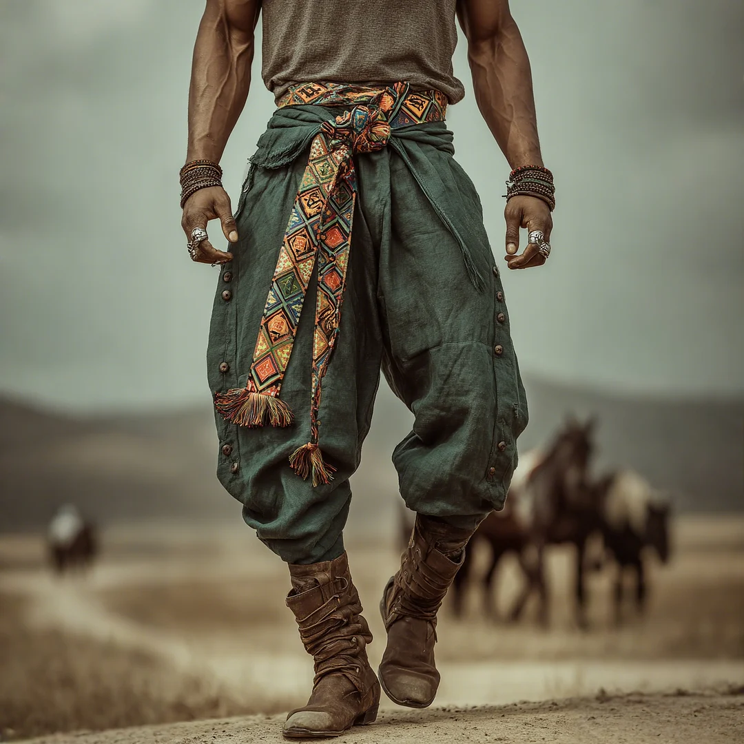 Men's Retro Ethnic Style Linen Trousers, Loose And Comfortable, Outdoor Western Style, Wide-Leg Tapered Trousers-INSPIREUSE