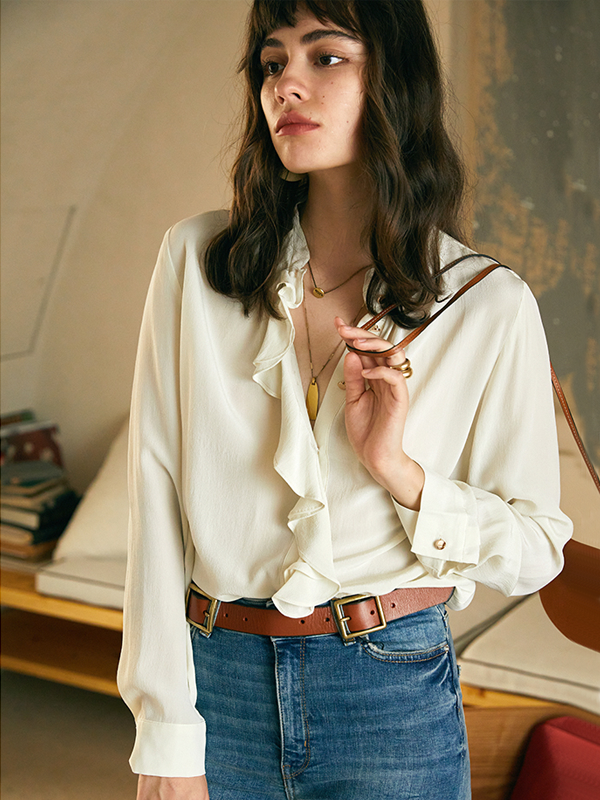 Silk Blouse Long-sleeved Ruffled Trim