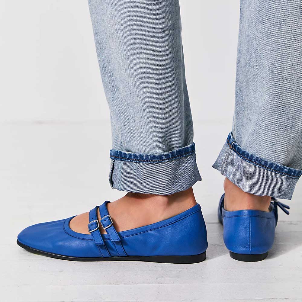 Blue Vegan Leather Square Toe Flat Buckle Strappy Ballet Shoes Nicepairs