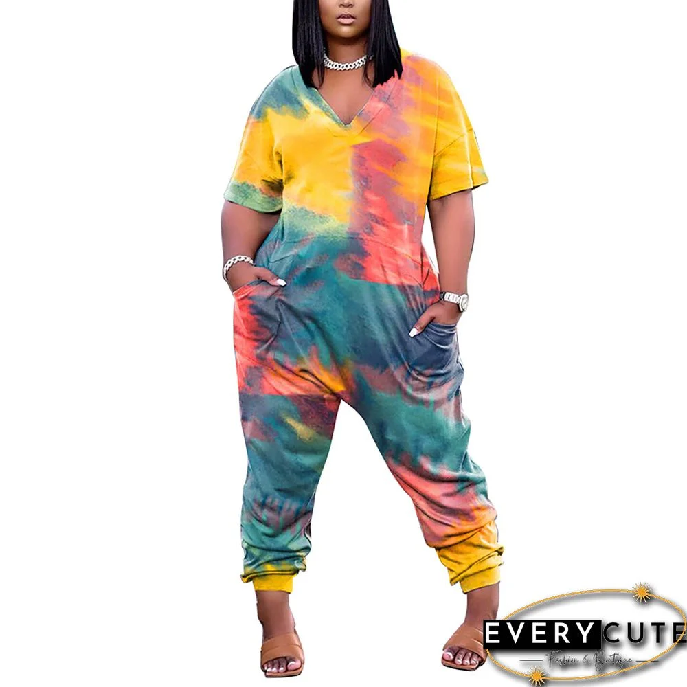 Green Tie Dye Print V Neck Jumpsuit with Pockets