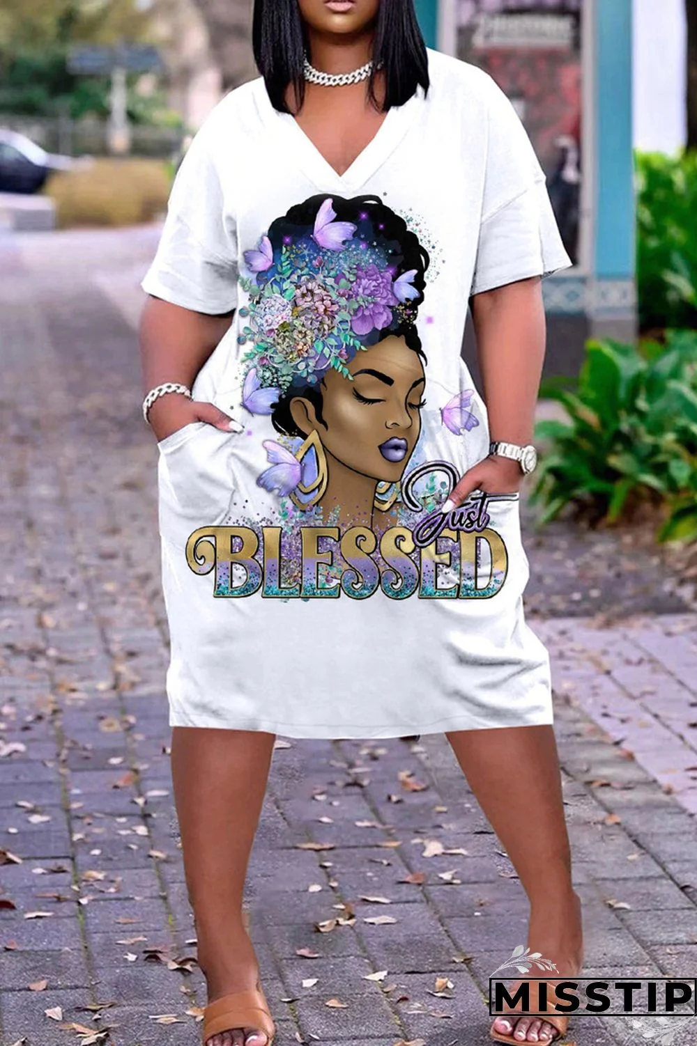 Multi-color Fashion Casual Print Patchwork V Neck Short Sleeve Dress