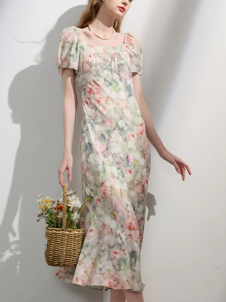 Square Neck Short Sleeve Fishtail Floral Dress