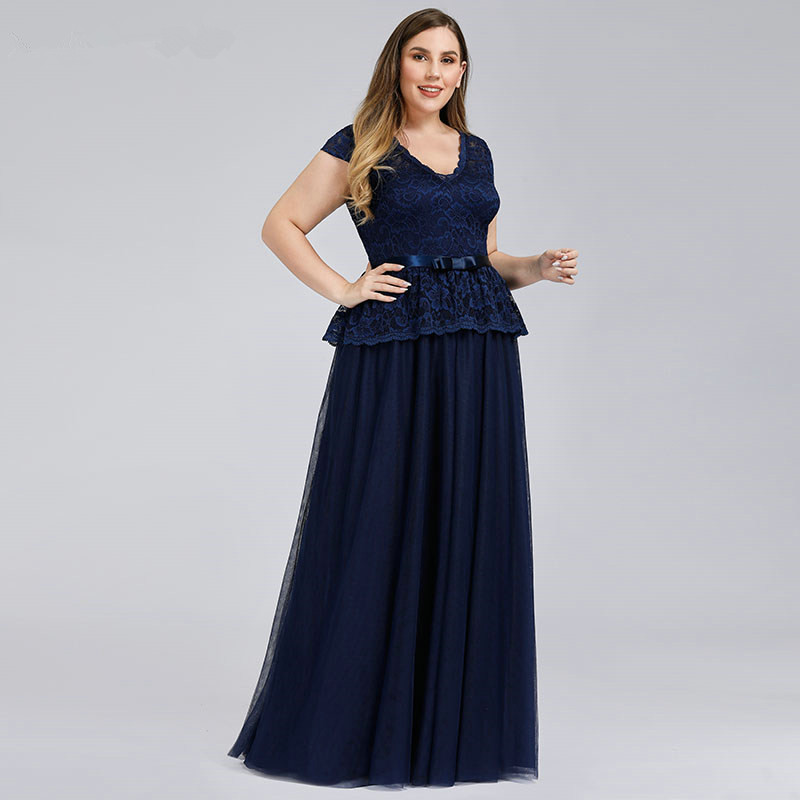 Navy Blue V-Neck Lace Plus Size Dress Online