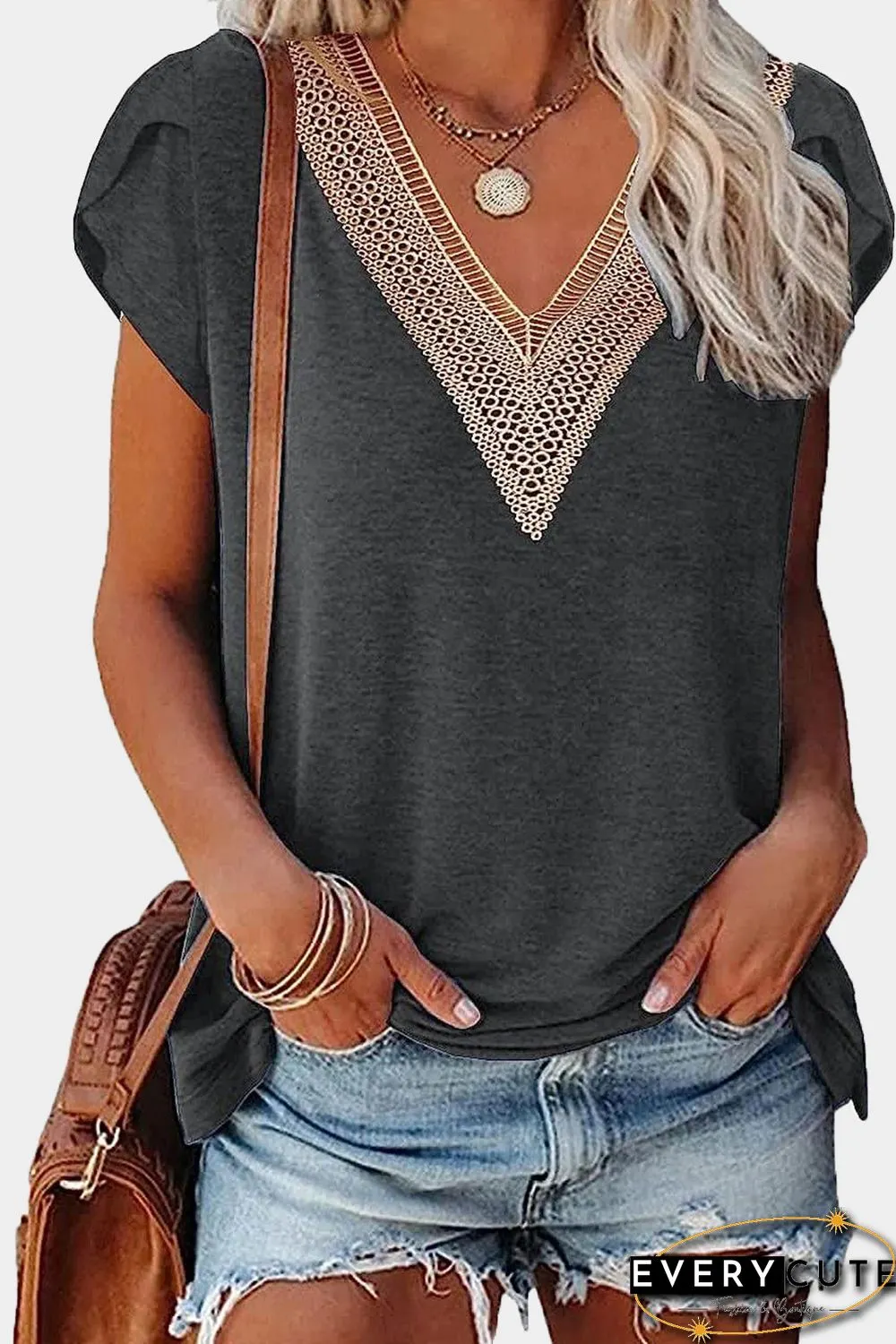 Black Lace Trim V Neck Overlap Short Sleeve Top