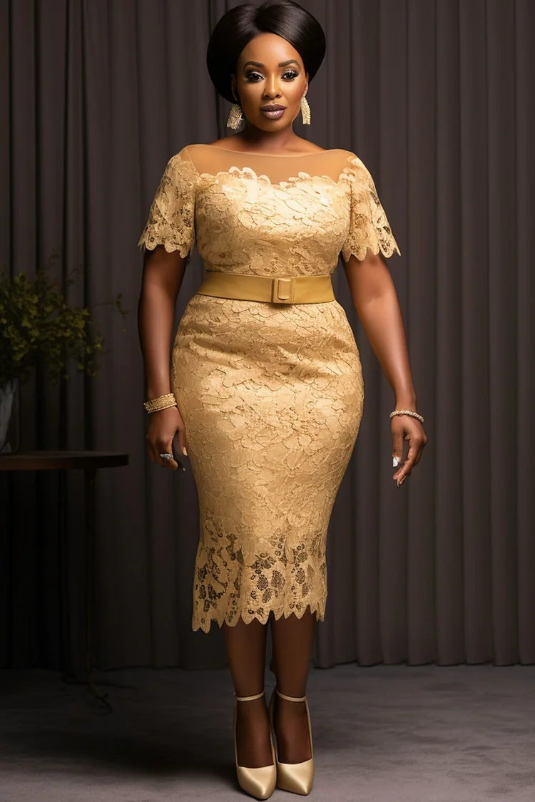 Xpluswear Design Plus Size Mother Of The Bride Gold Round Neck Short Sleeve Bodycon Lace Midi Dresses [Pre-Order] 2024 - Xpluswear