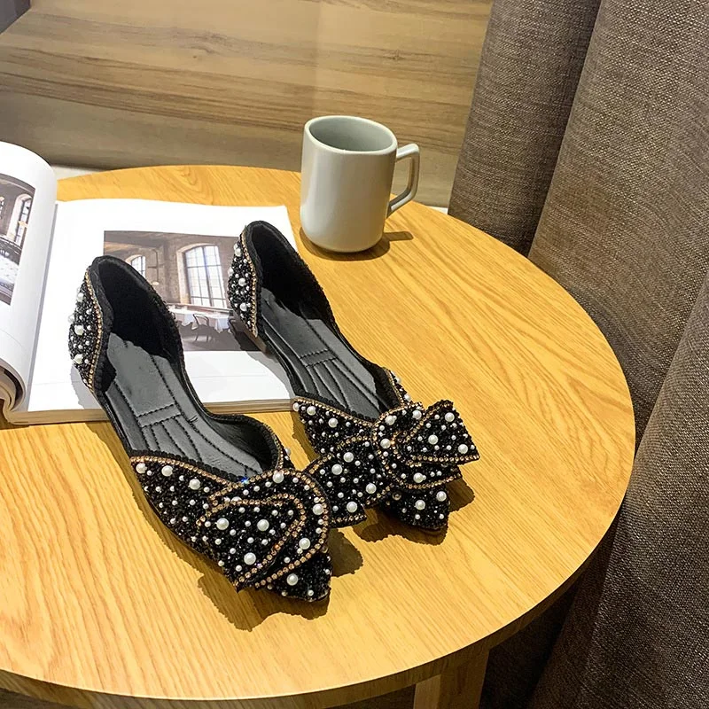 Women Pearl Bowtie Sandals Pointed Toe Elegant Ladies String Bead Slip on Falt Shoes Female Fashion Bling Woman Casual 2021 New