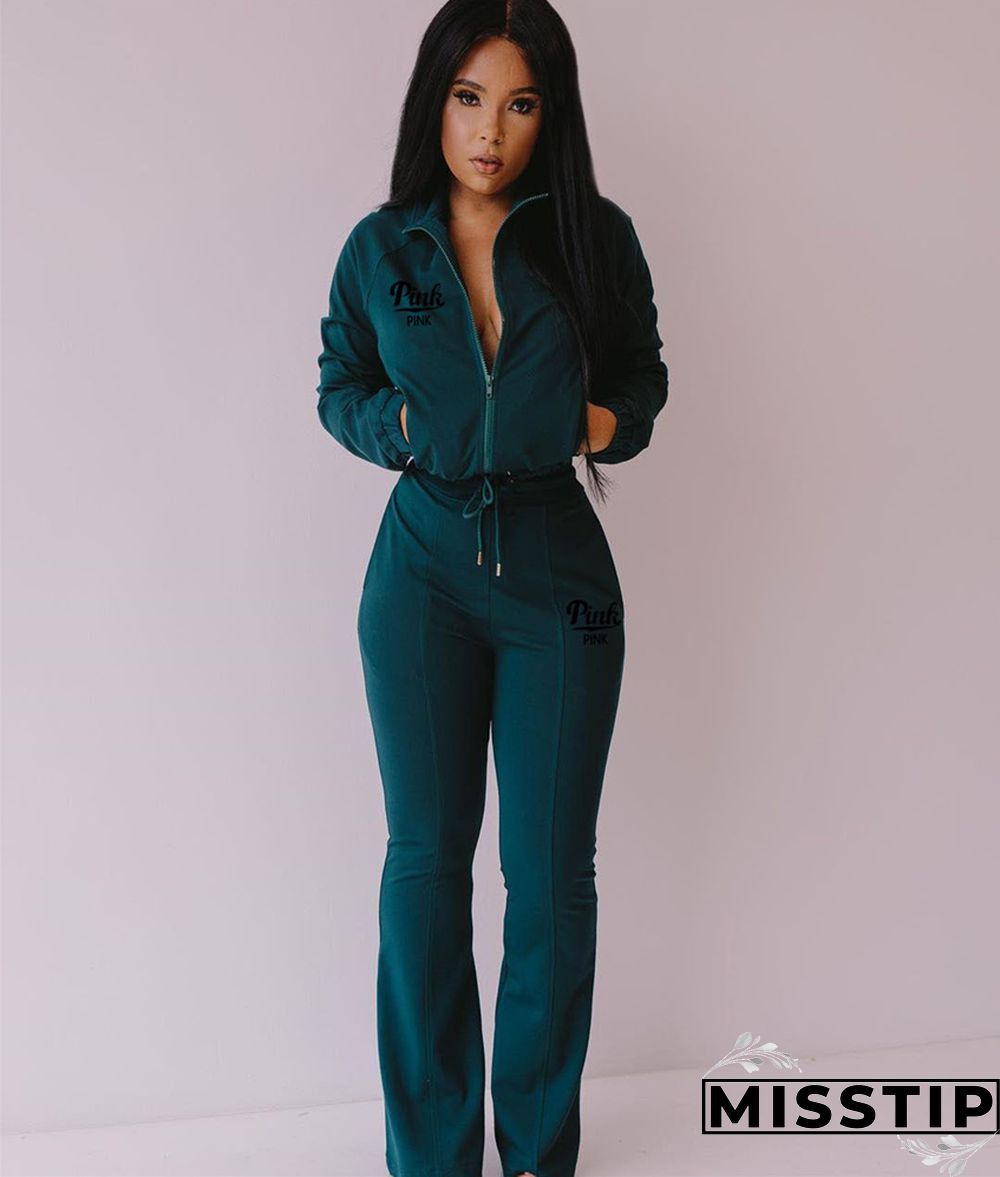 Sportswear Zipper Jacket Flare Pants Matching Sets