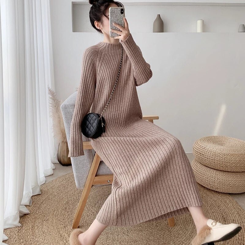 Autumn Women Bodycon Sheath Sweater Dress Female Knitted Long Sleeve Casual Midi Clothes