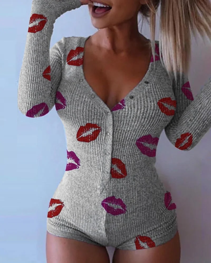 2021 Autumn New Women Knitted  Romper Homewear Cute Deep V-Neck Long-Sleeved Pajamas Female Star Pattern Button Jumpsuit 712