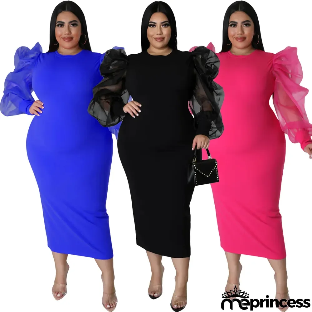 Solid Yarn Sleeves V-Neck Plus Size Long Dress