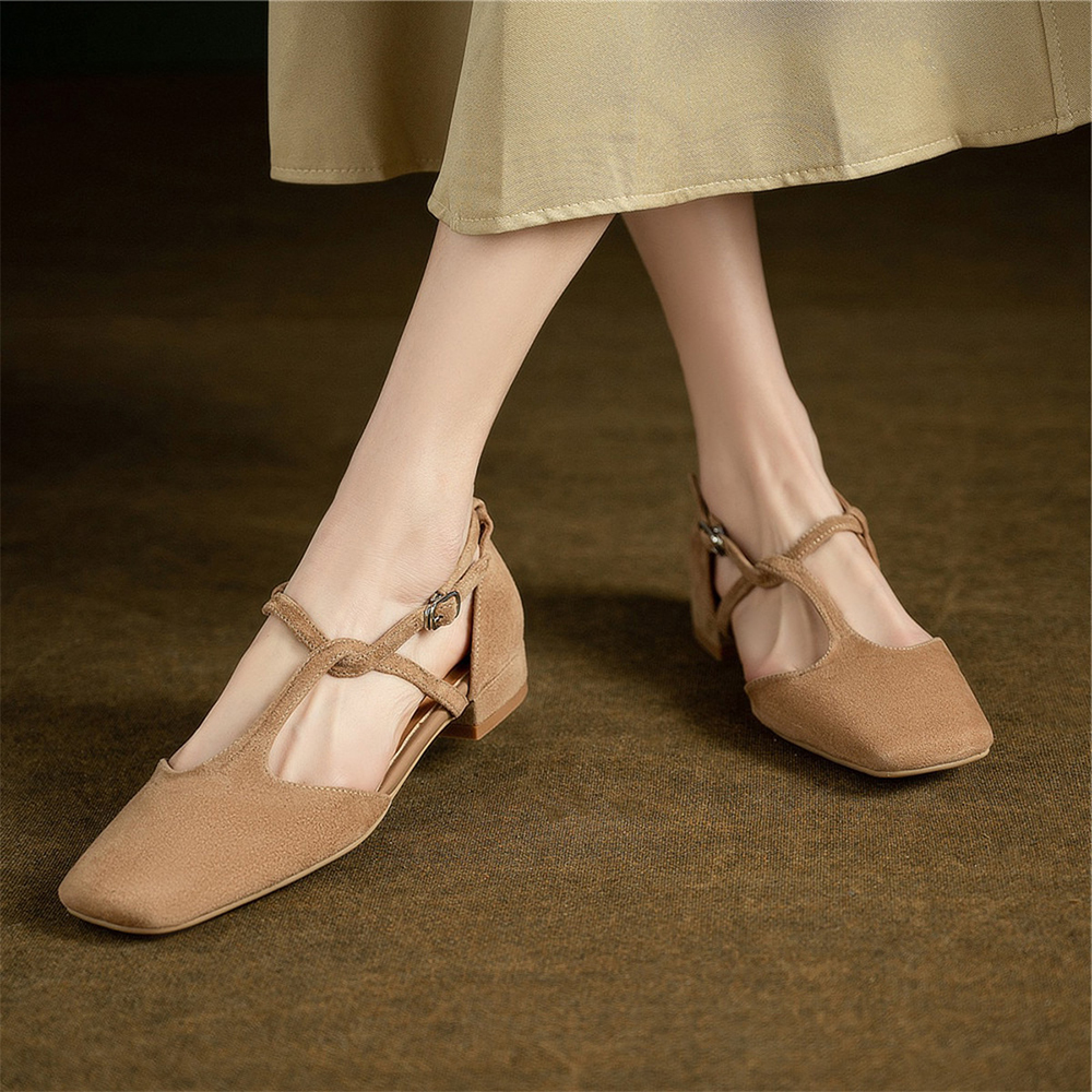 Beige Faux Suede Closed Toe Chunky Heel Strappy Pumps Nicepairs