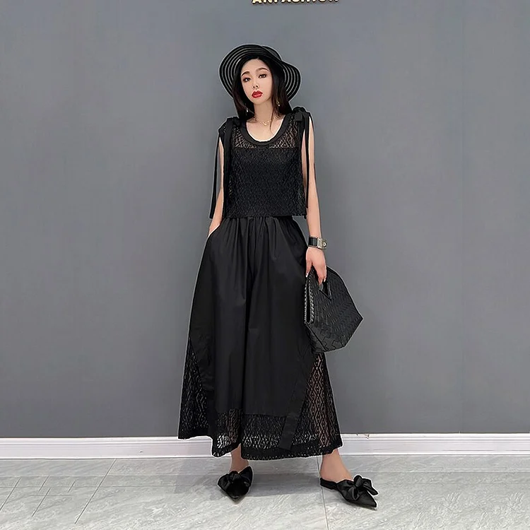 Black O-neck Lace Sleeveless With Bow Splicing Top And Patchwork Wide Leg Pants Two Pieces Set     