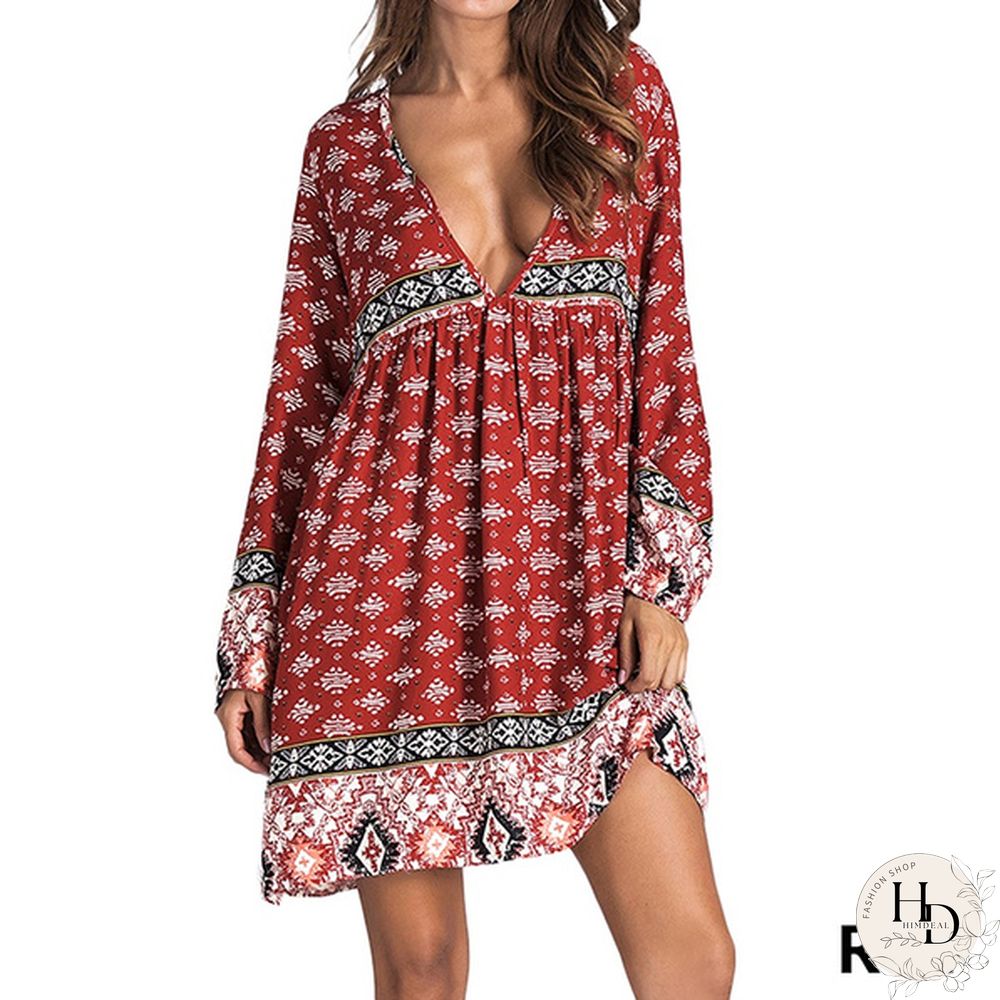 Women Boho Mini Dress Floral Printed Long Sleeve Deep V-Neck Loose Party Beach Short Dress