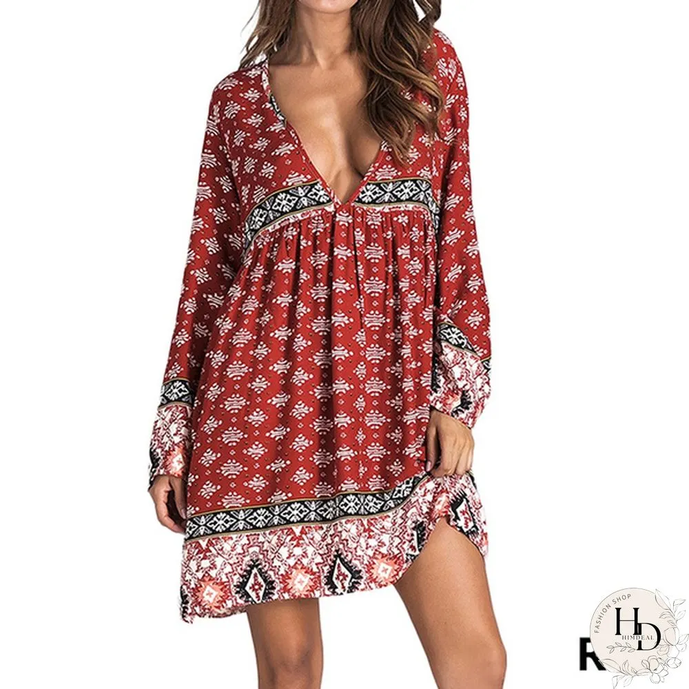 Women Boho Mini Dress Floral Printed Long Sleeve Deep V-Neck Loose Party Beach Short Dress