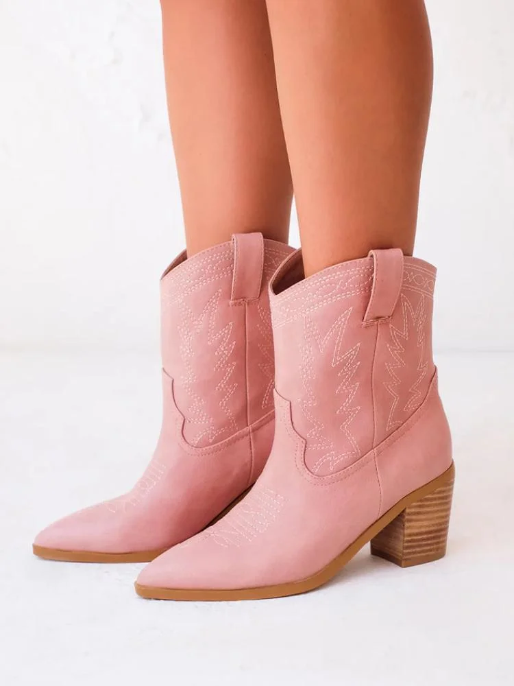 Embroidered Cowgirl Ankle Boots Wide Calf Western Block Heeled Booties