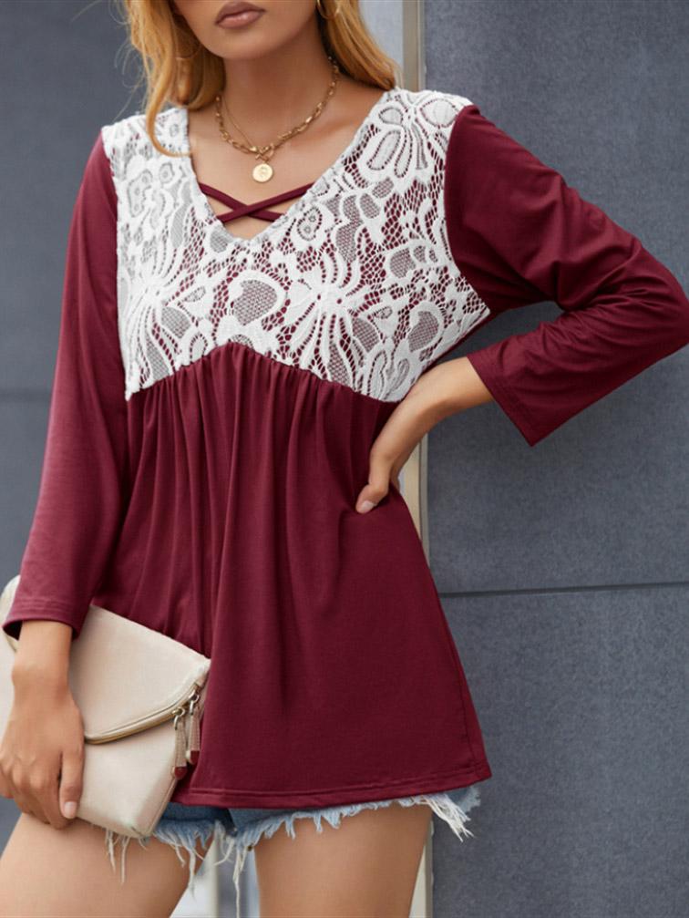 Women Long Sleeve V-neck Lace Stitching Top