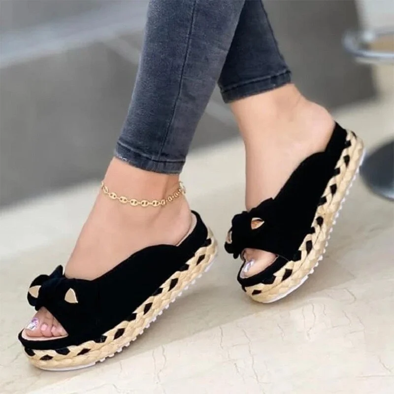Qengg Women Woven Thick Sole Slippers Soft Stitching Ladies Sandals Comfortable Flat Sandals Women Open Toe Beach Shoes Woman Footwear