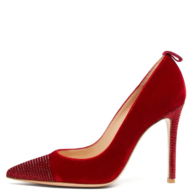 Red Velvet Heels Rhinestone Stiletto Heels Pumps |FSJ Shoes