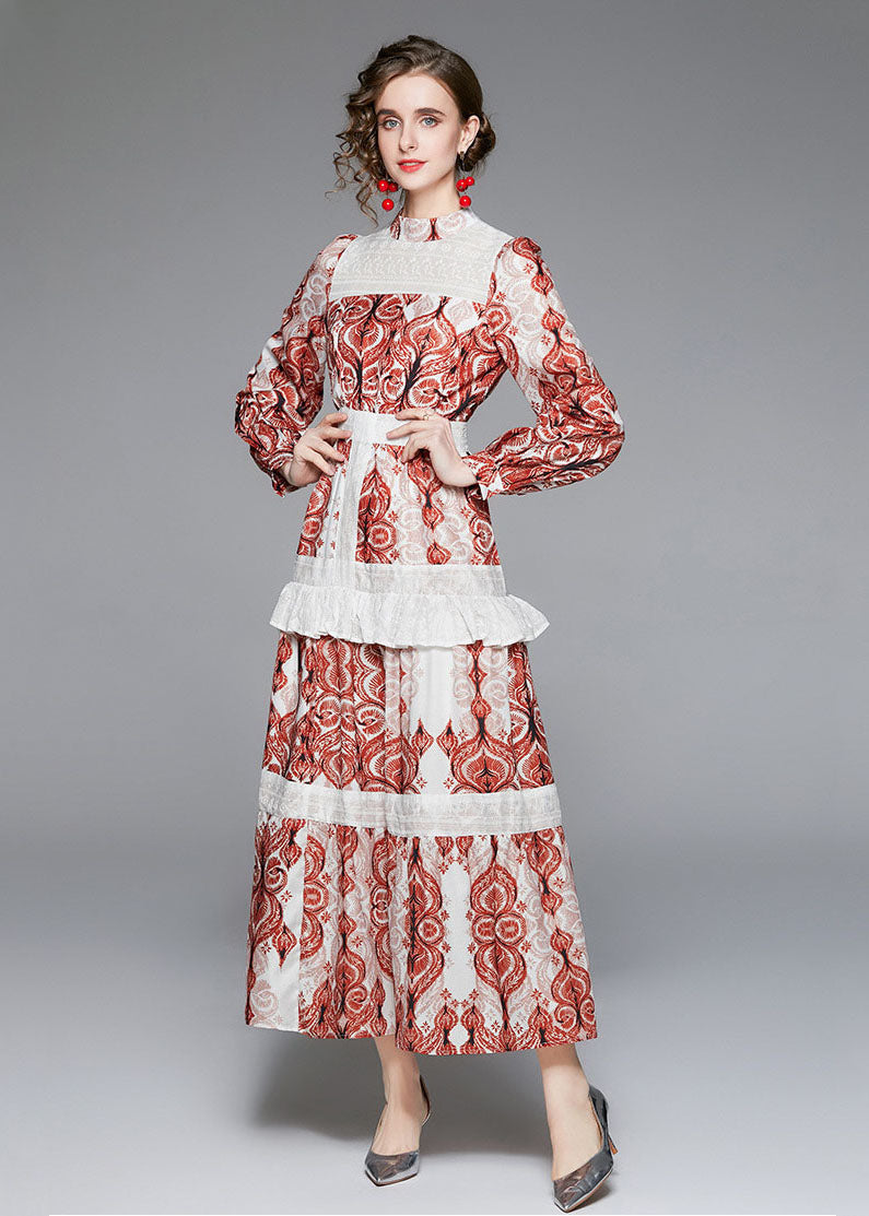 VCSHOES Red Stand Collar Ruffled Patchwork Print Long Dress Fall