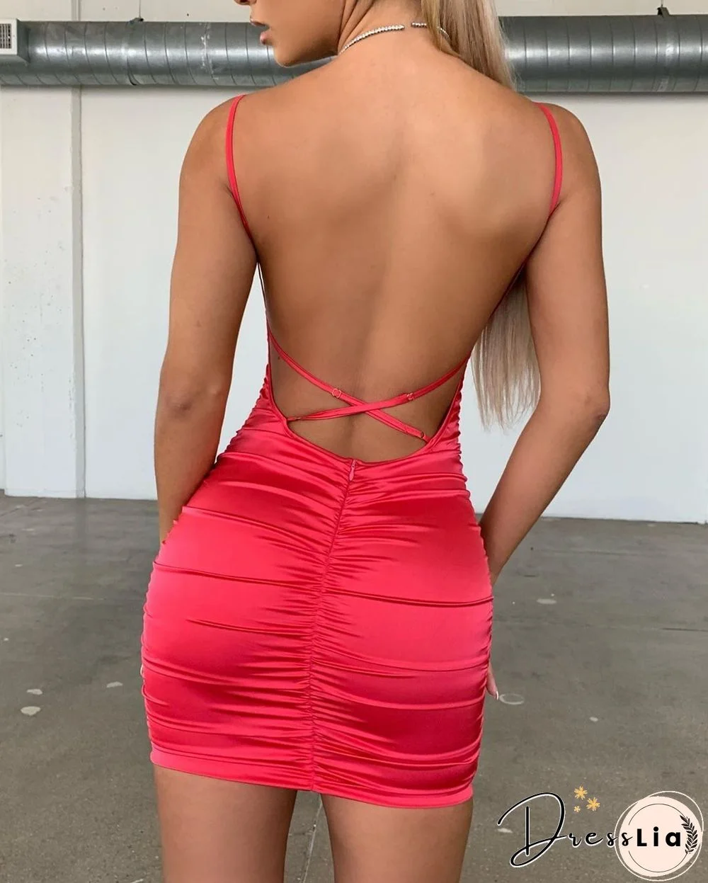 Spaghetti Strap Mini Satin Dress Women Sexy Backless Cross Bandage Bodycon Party Dress Pleated Stretch Short Suit Club Dress