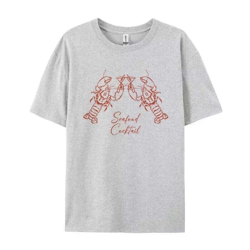 Women Cocktail Seafood Graphic T-Shirt Short Sleeve Cotton Shirt Female Retro Top