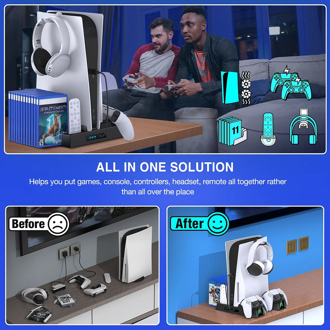 DinoFire Vertical Stand for PS5 with 2 Cooling Fan, Controller Charging Station for PS5 Dualsense/Digital/Disc Edition