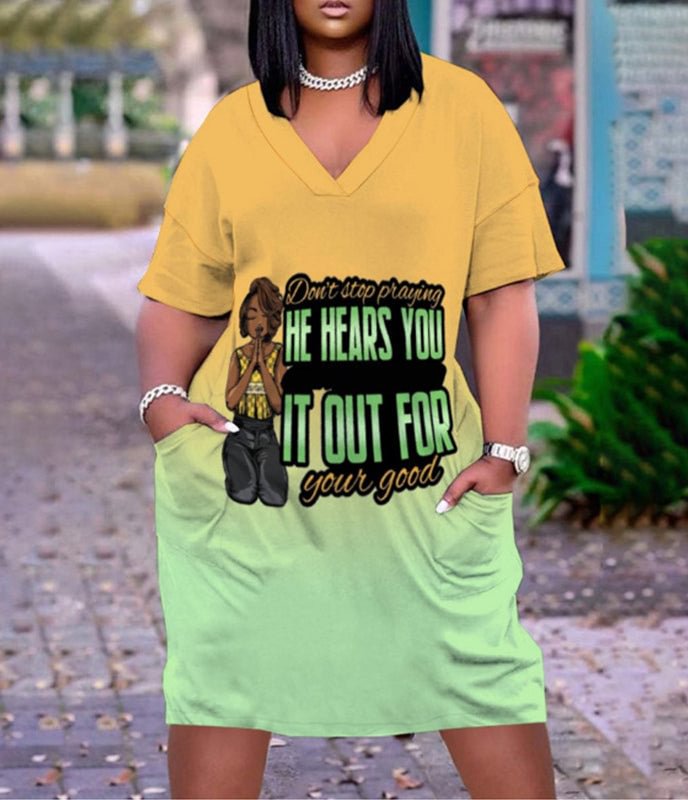 HE HEARS YOU IT OUT FOR Print Plus Size V Neck Mid Sleeve Dress