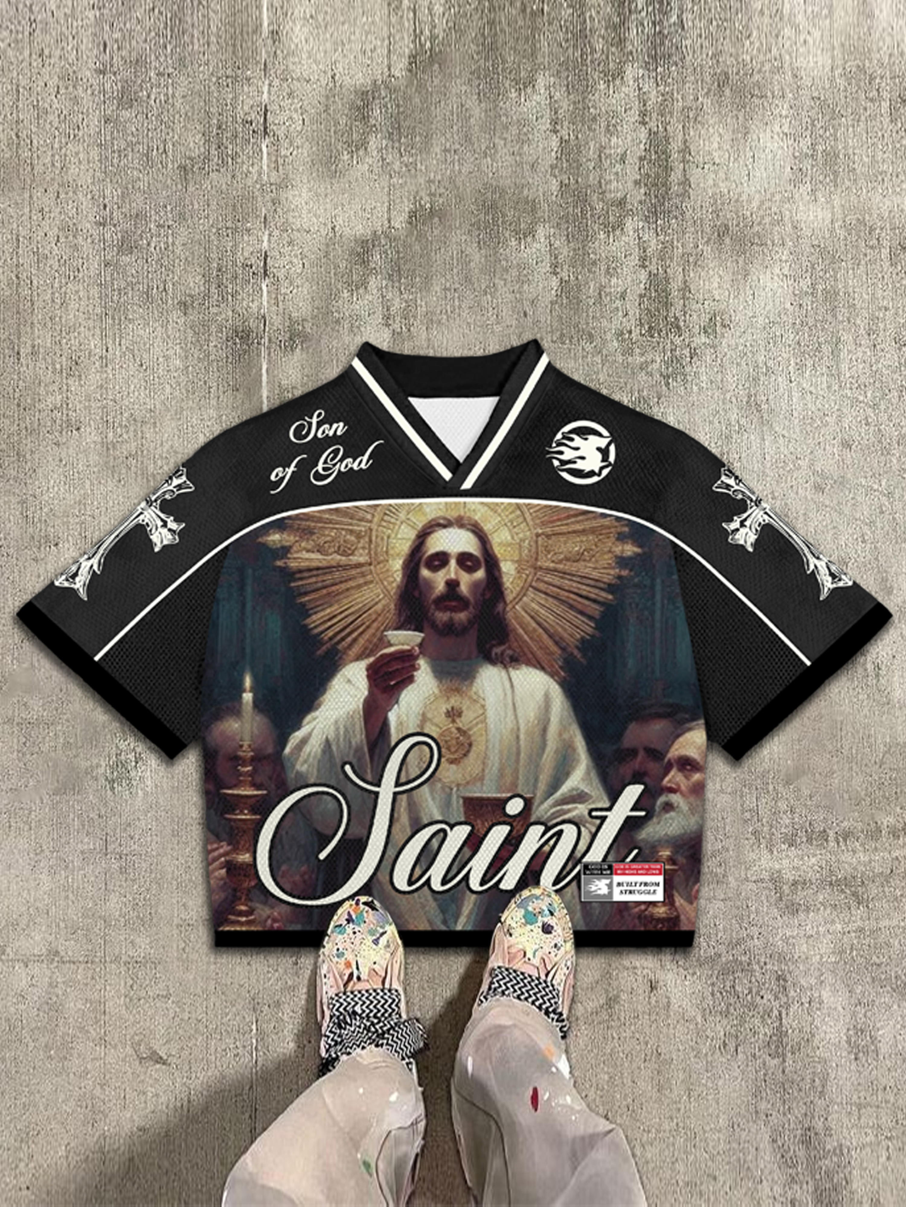 Son Of God Saints Jesus Graphic Blokecore Blokette Football V-neck T-shirt