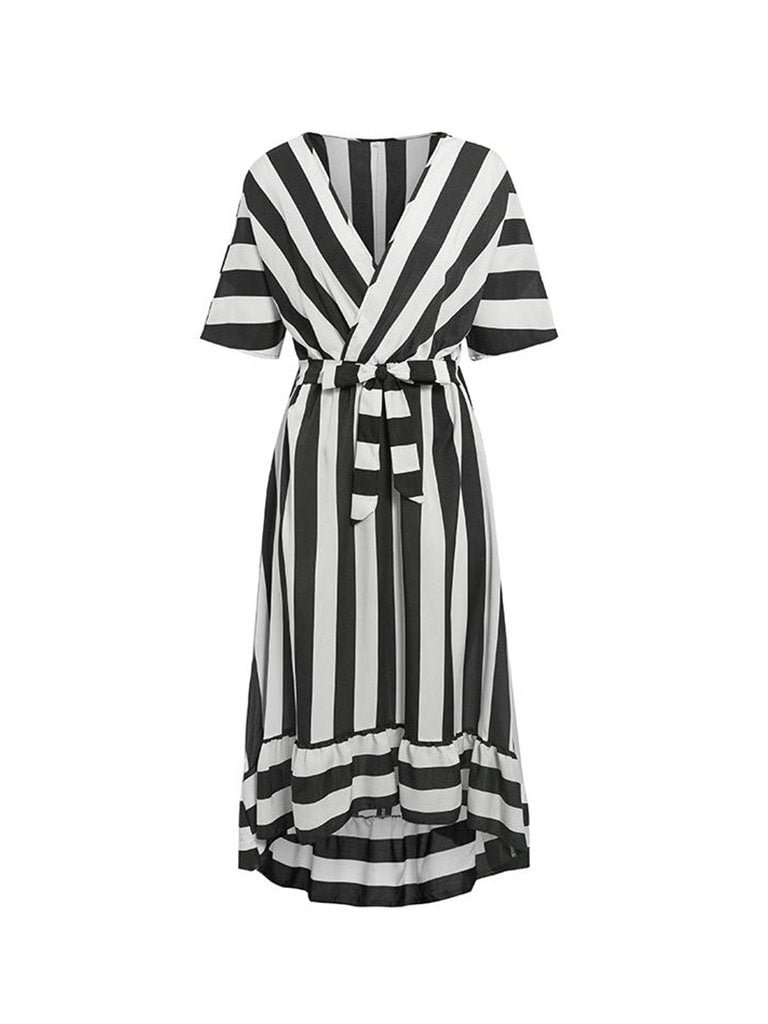 Vintage Plus Size Dress Short Sleeve Ruffle Striped Long Dress