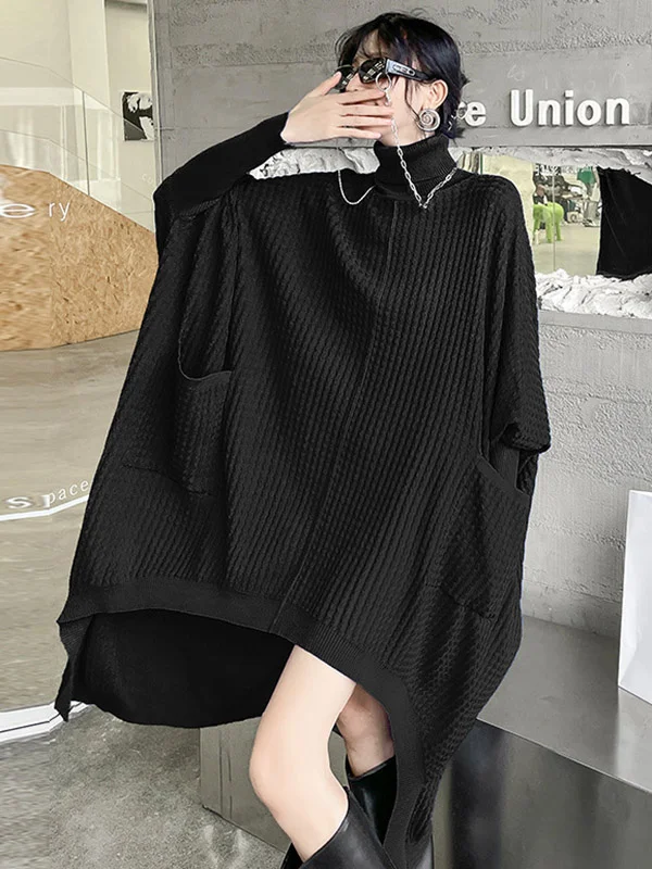 Original Loose Solid Color High-Neck Long Batwing Sleeves Sweater Dress