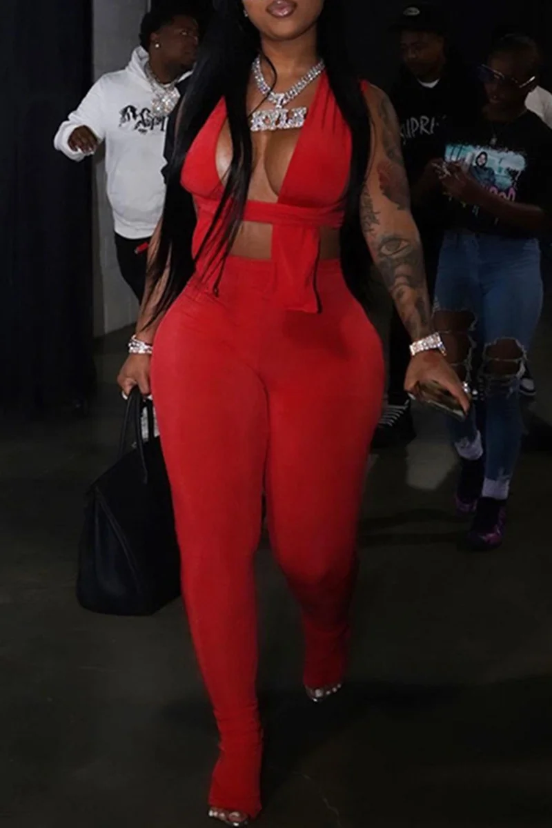 Red Fashion Sexy Solid Bandage Hollowed Out Sleeveless Two Pieces | EGEMISS