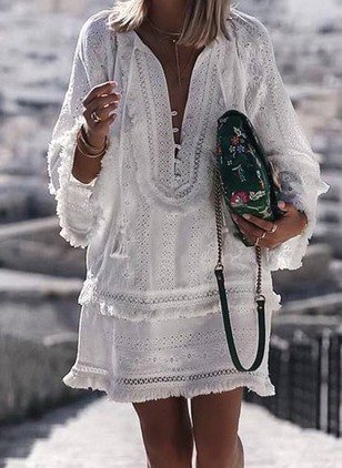 White Smock Dress Tassel Boho Girly Holiday Summer Plain Simply V Neck Short Shift Dress Zaesvini
