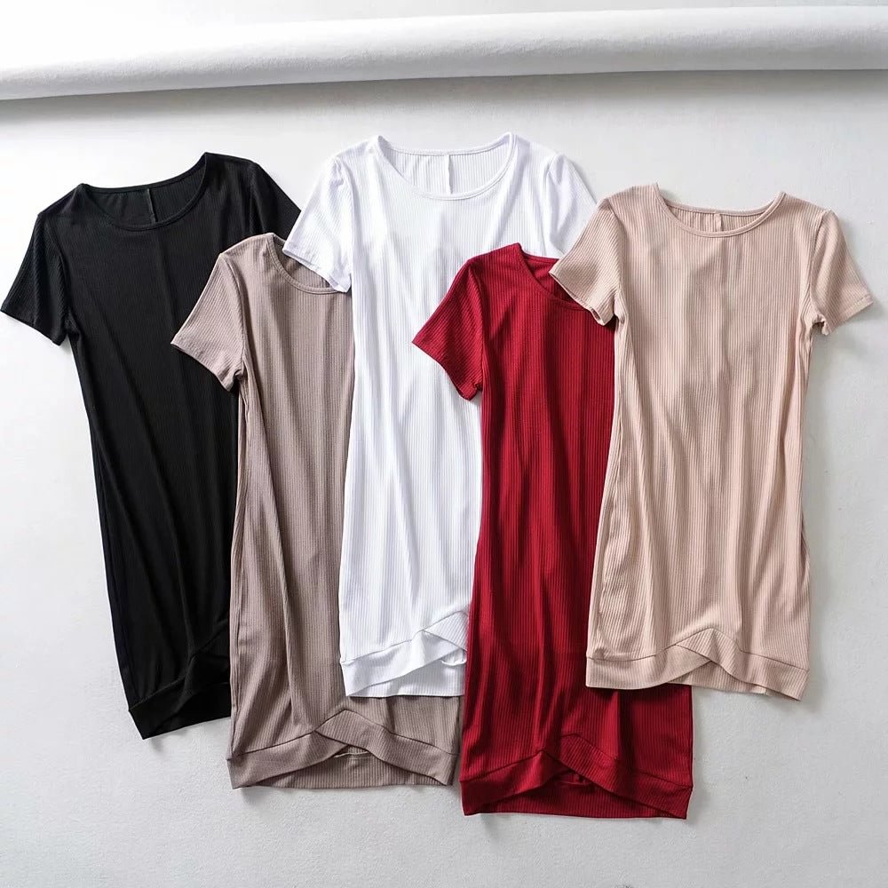 Summer Slim-fit Irregular Hem Dress Women's Round Neck Solid Color Sheath Skirt