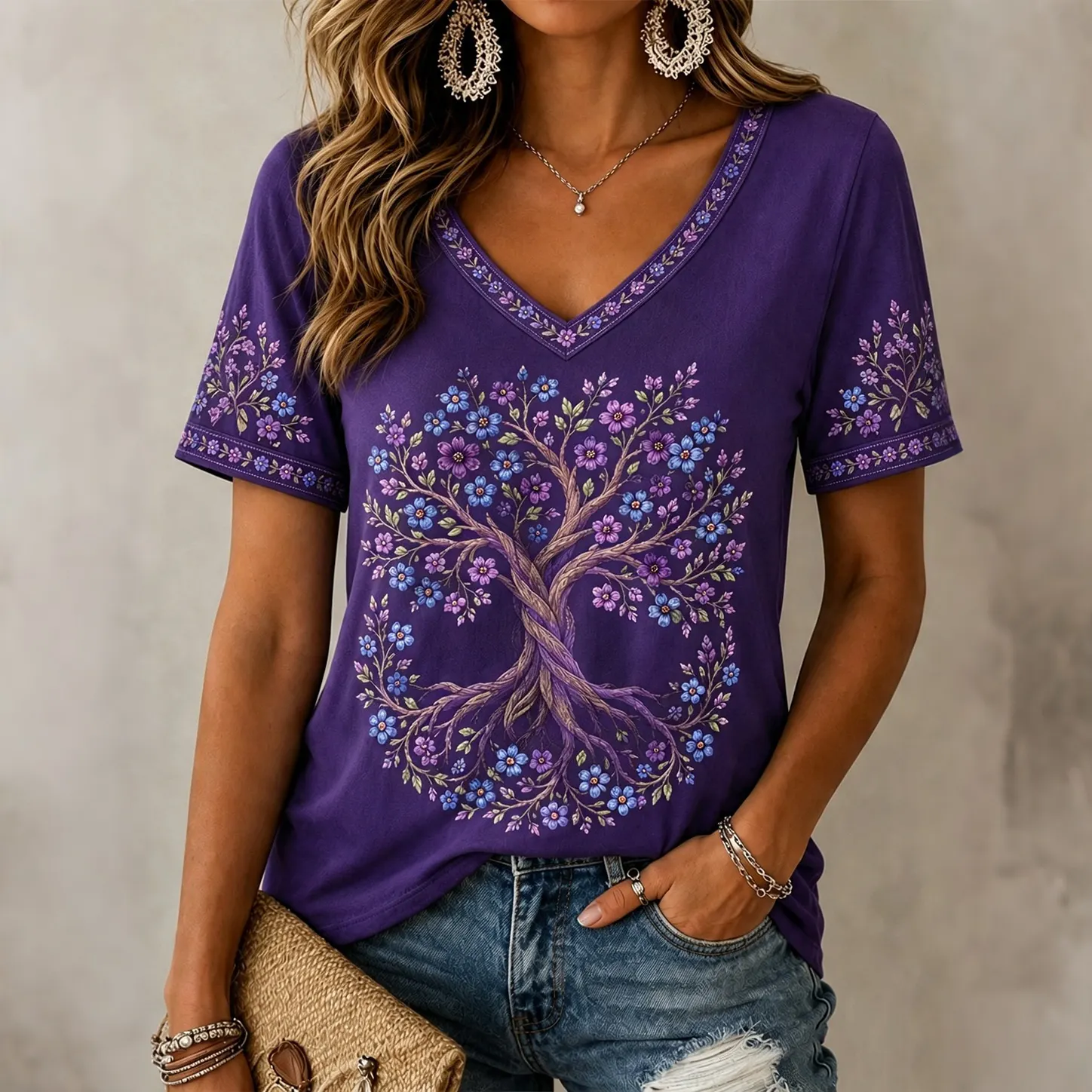 Comstylish Women's Purple Floral Tree Of Life Art Print V-neck T-shirt