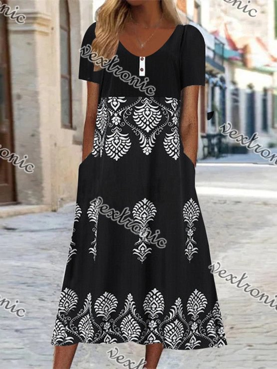 Women Short Sleeve Scoop Neck Printed Stitching Midi Dress