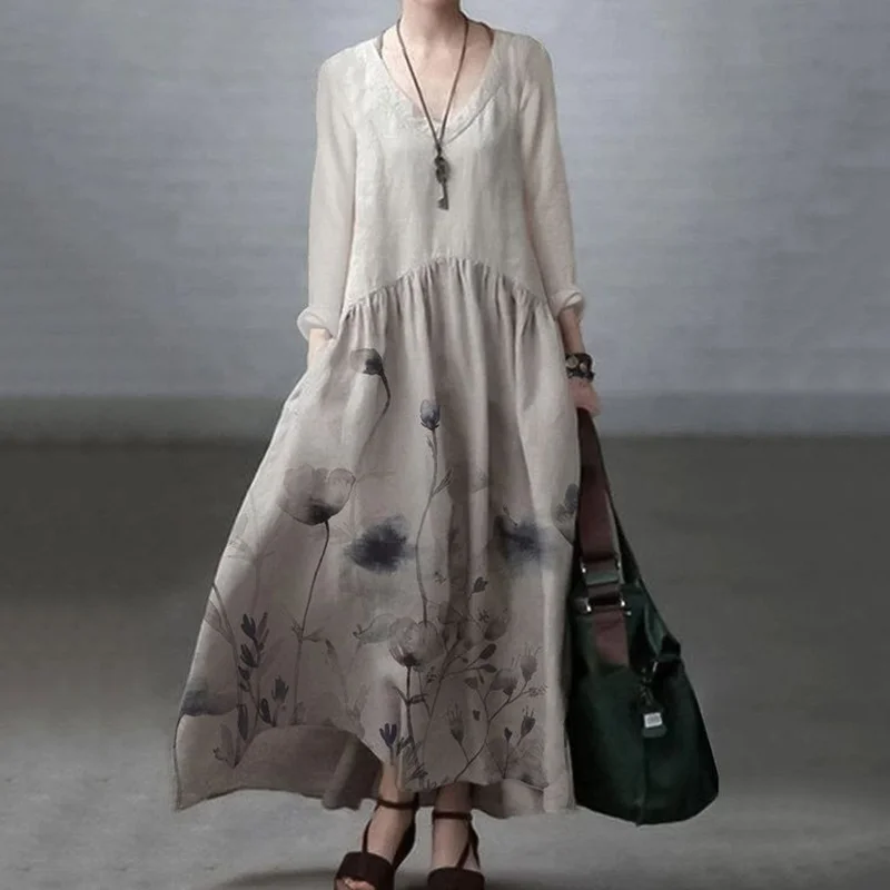 Japanese Art Floral Printed Long Sleeve V-neck Midi Dress