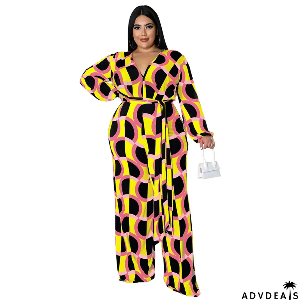 New Fashion Plus Size Women's Fall Long Sleeve Print Casual Wide Leg Jumpsuit