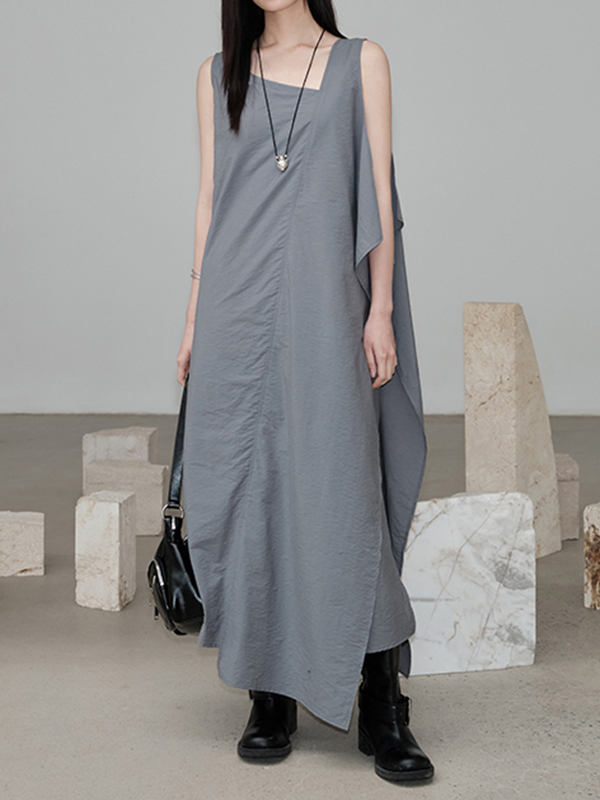 Irregular Design Sleeveless Solid Color Maxi Dress