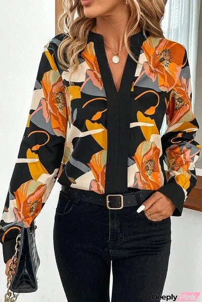 Floral Notched Long Sleeve Blouse