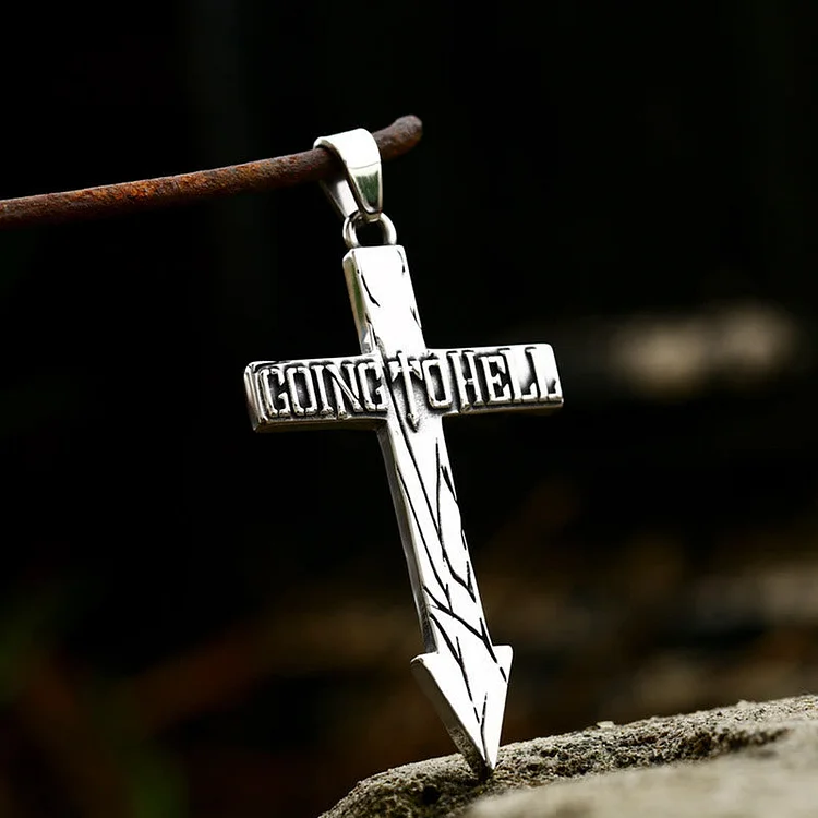 Coutureaura Cross With Arrow Going To Hell Biker Necklace