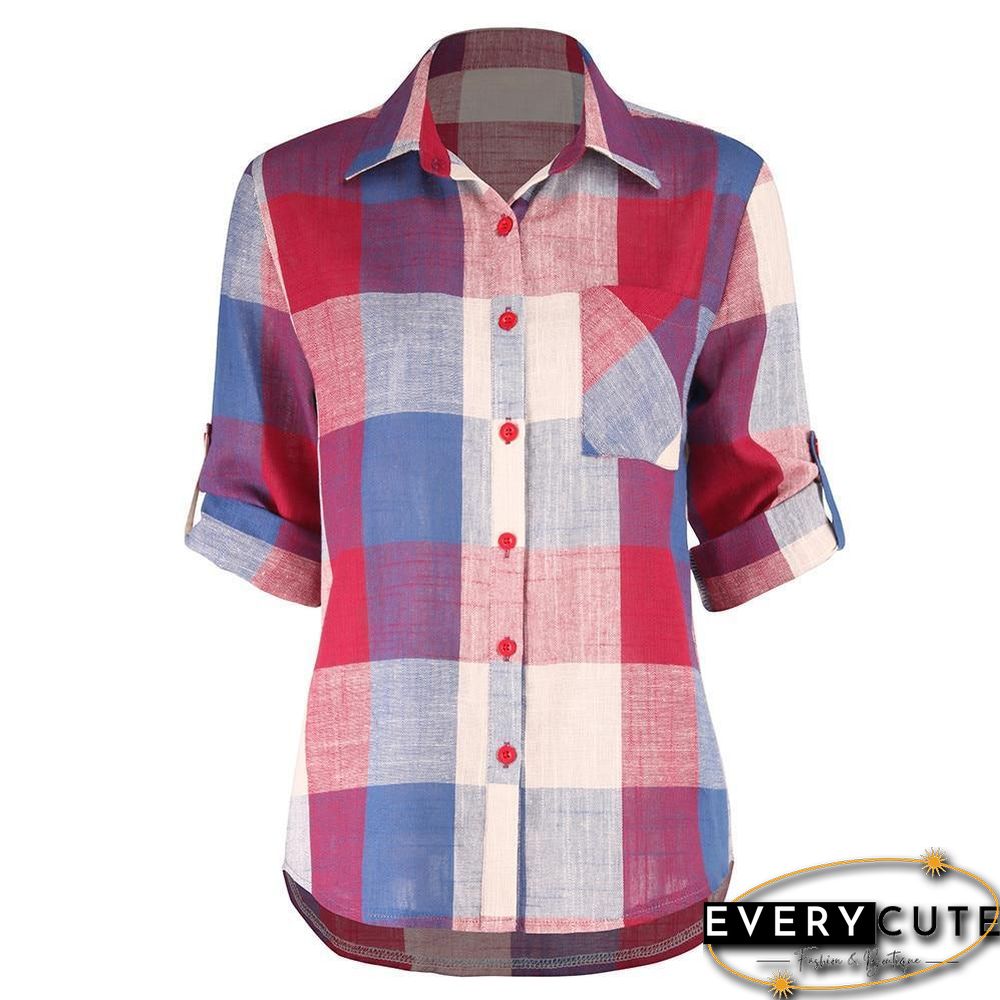 Fashion women Casual Matching Color Long Sleeve Button Loose Plaid Shirt Top Blouse