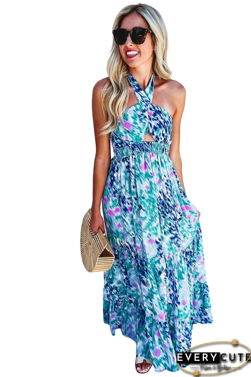 Sky Blue Abstract Print Shirred Lace-up Halter Open Back Maxi Dress