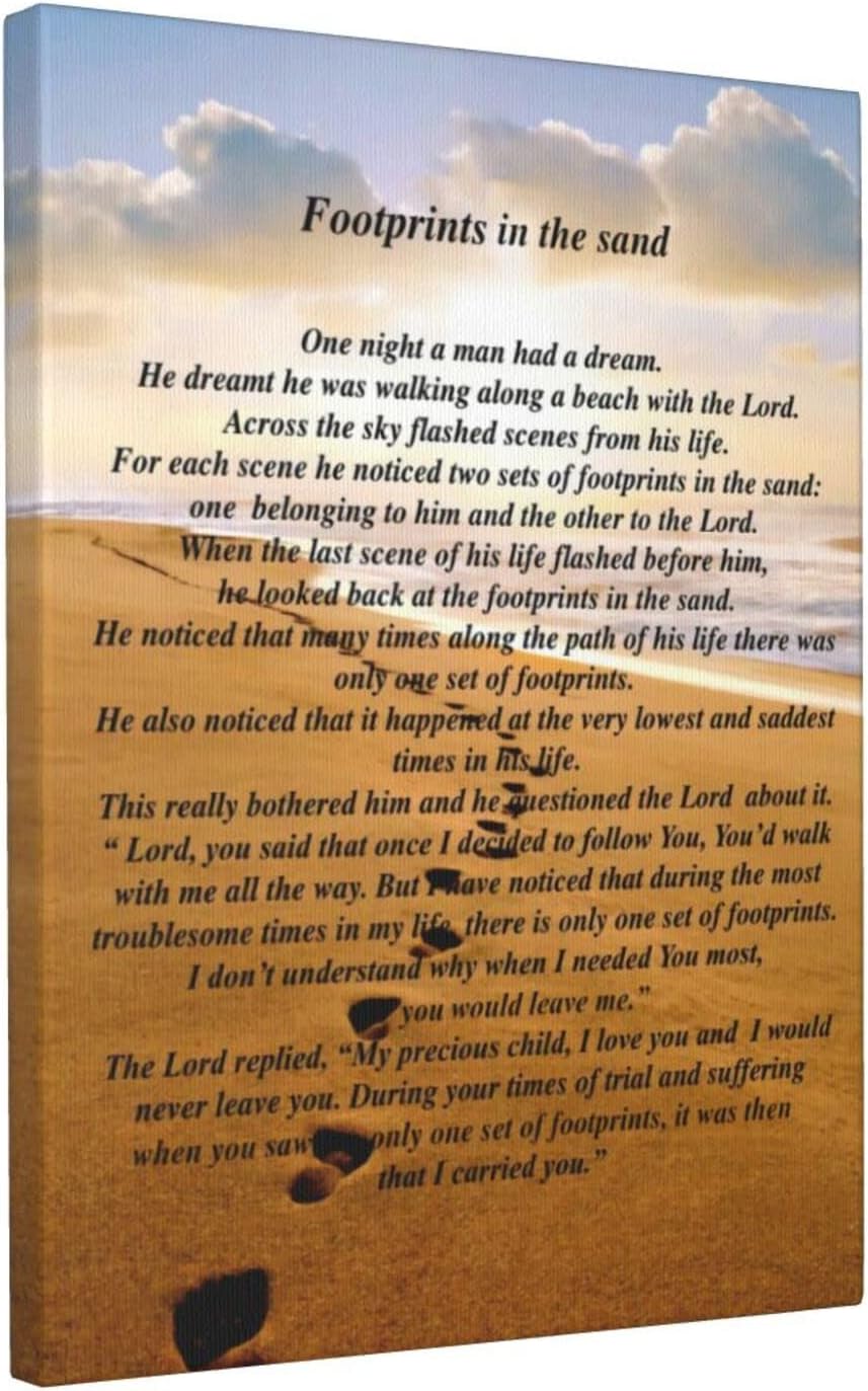Footprints In The Sand Painting Poem Poster Classic Framed Canvas Wall Art For Home Bedroom Office Living Room Decor 12x16 Inches. 12x16in