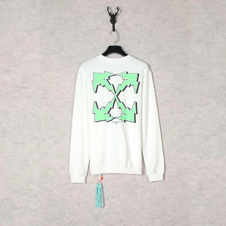 Off White Long Sleeve Round Neck Sweater Autumn And Winter Green Lightning Arrow Pattern Crew Neck Pullover Sweatshirt