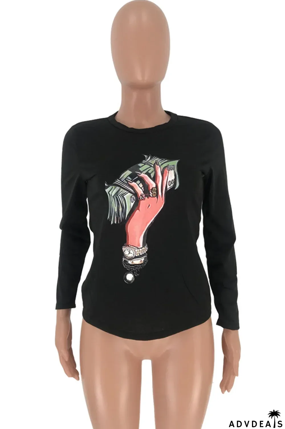 Black O Neck Long Sleeve Slim fit Print Tees & T-shirts