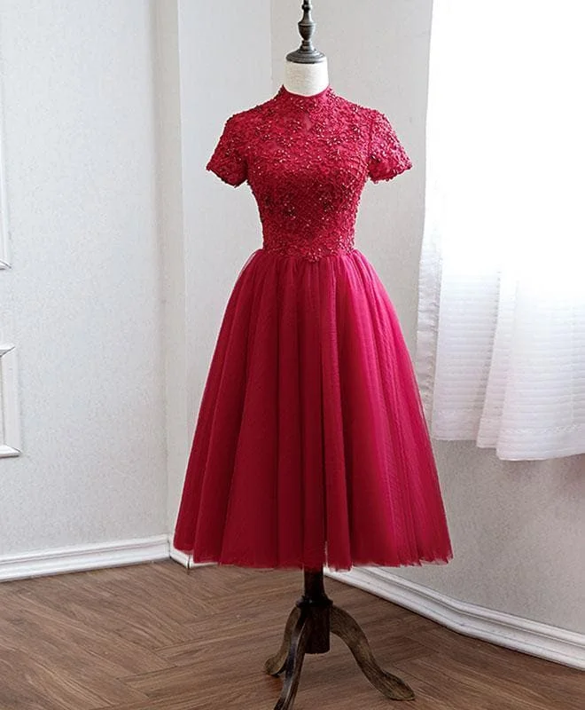 Burgundy Lace Tulle Prom Dress, Burgundy Bridesmaid Dress