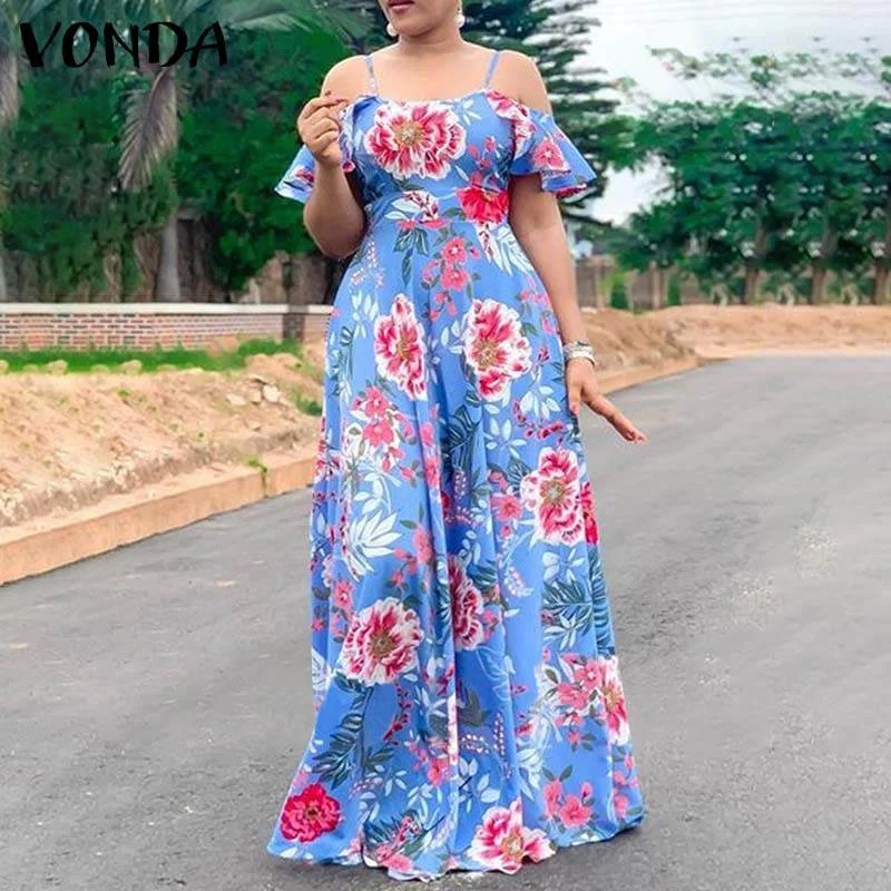 Women Bohemian Floral Printed Long Maxi Dress 2022 VONDA Sleeveless Off Shoulder Dress Beach Sundress Casual Zipper Vestido